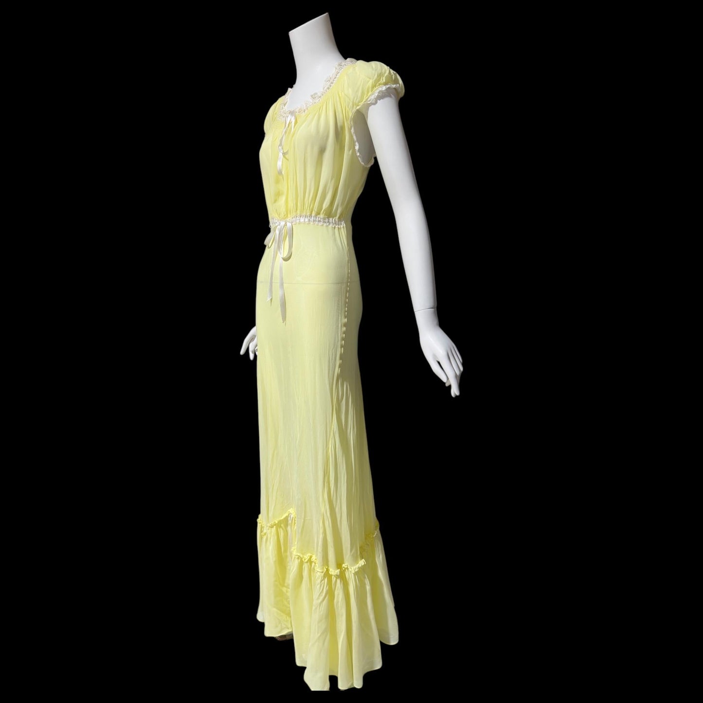 VELMA, vintage 1940s nightgown, butter yellow bias cut rayon slip dress, full length ruffle bottom, cap sleeves