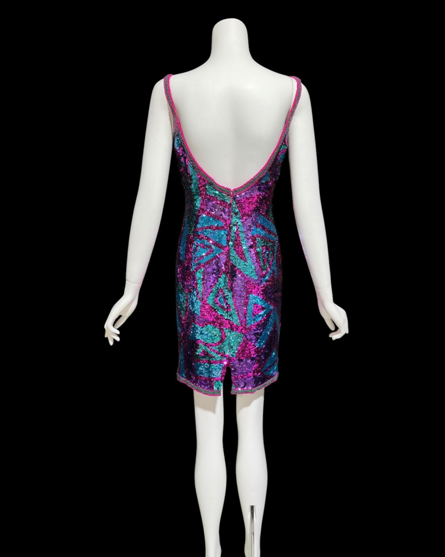 ALYCE vintage 1990s slip dress, sequin cocktail mini dress, Hot Pink jewel tone sequin