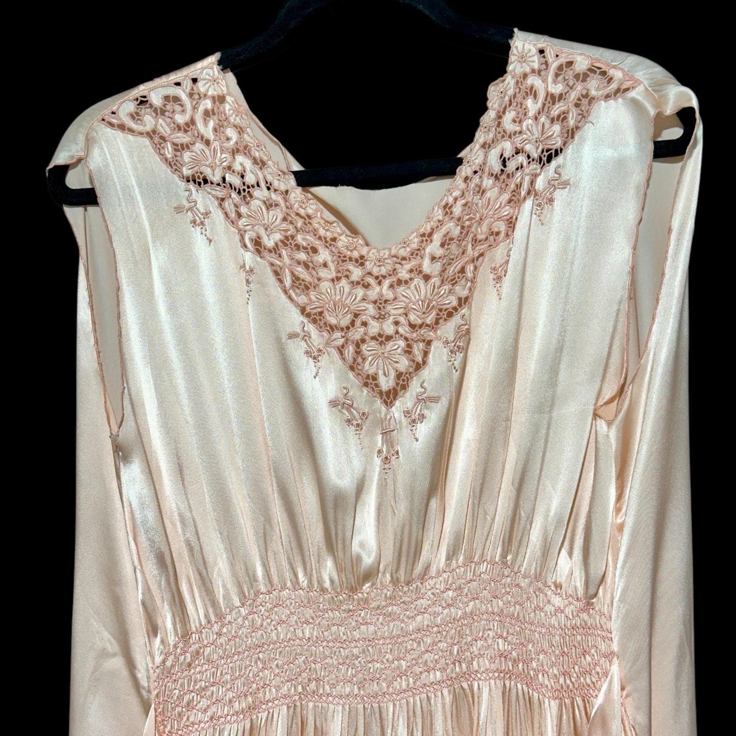 1930s vintage Nightgown slip dress, peachy pink silky smocked night dress