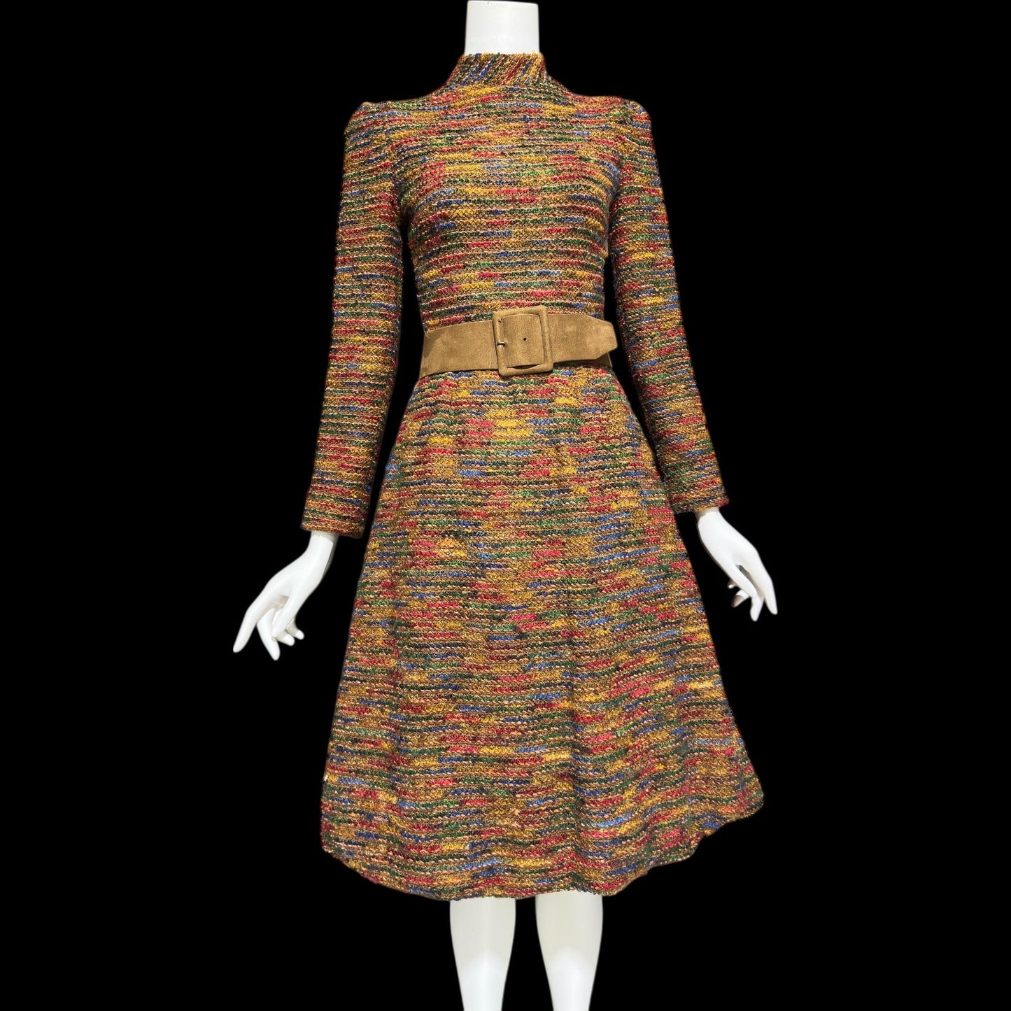 ARNOLD SCAASI vintage 1970s Day Dress, boucle wool & silk high neck dress