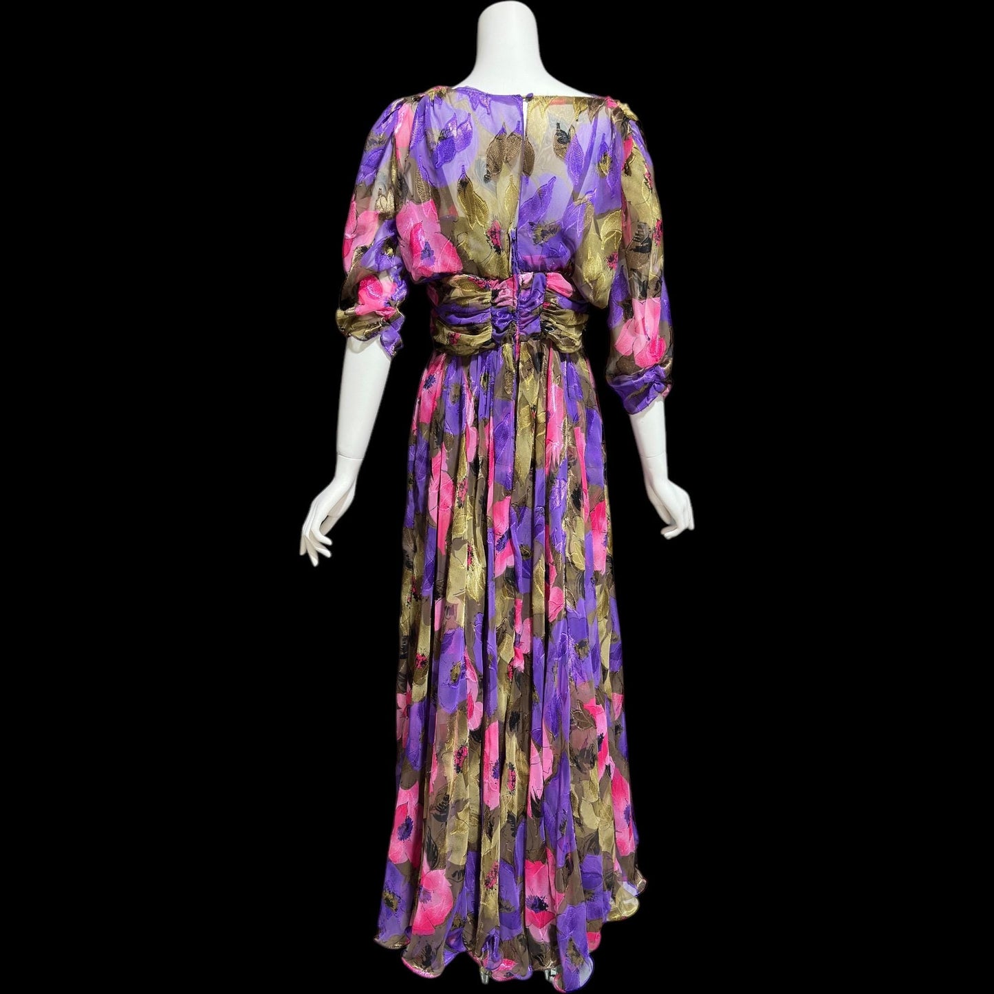 FRANK USHER LONDON, vintage 1980s evening dress, jewel tone floral chiffon with gold metallic