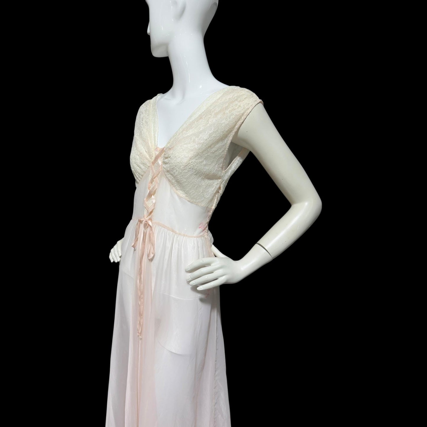 ODETTE BARSA vintage 1940s nightgown slip dress, Sheer pale pink with white lace full sweep Old Hollywood gown