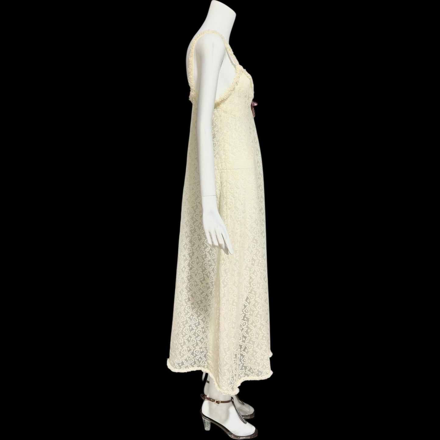 1950s vintage nightgown slip dress, ethereal sheer creamy lace night dress with ruffles
