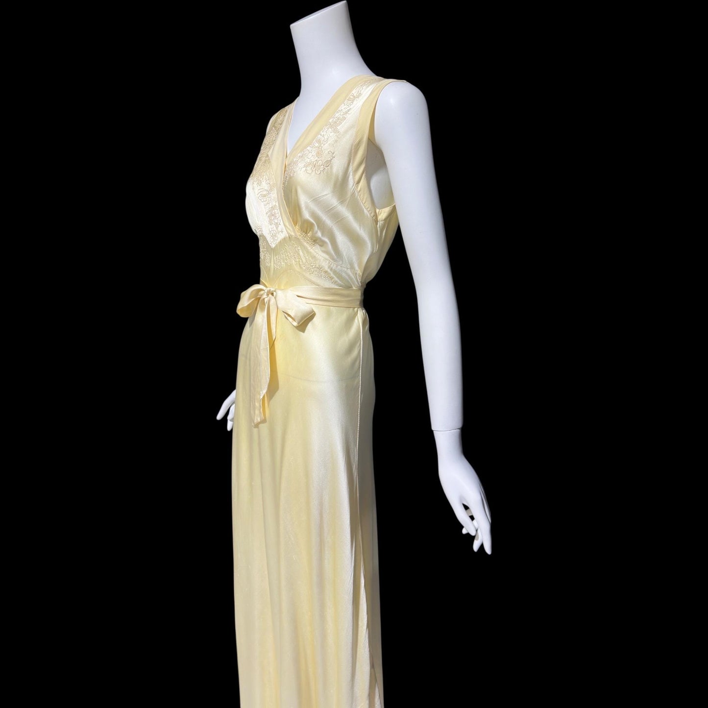 1940s vintage Silk Nightgown slip dress, Butter yellow bias cut embroidered lace slip dress