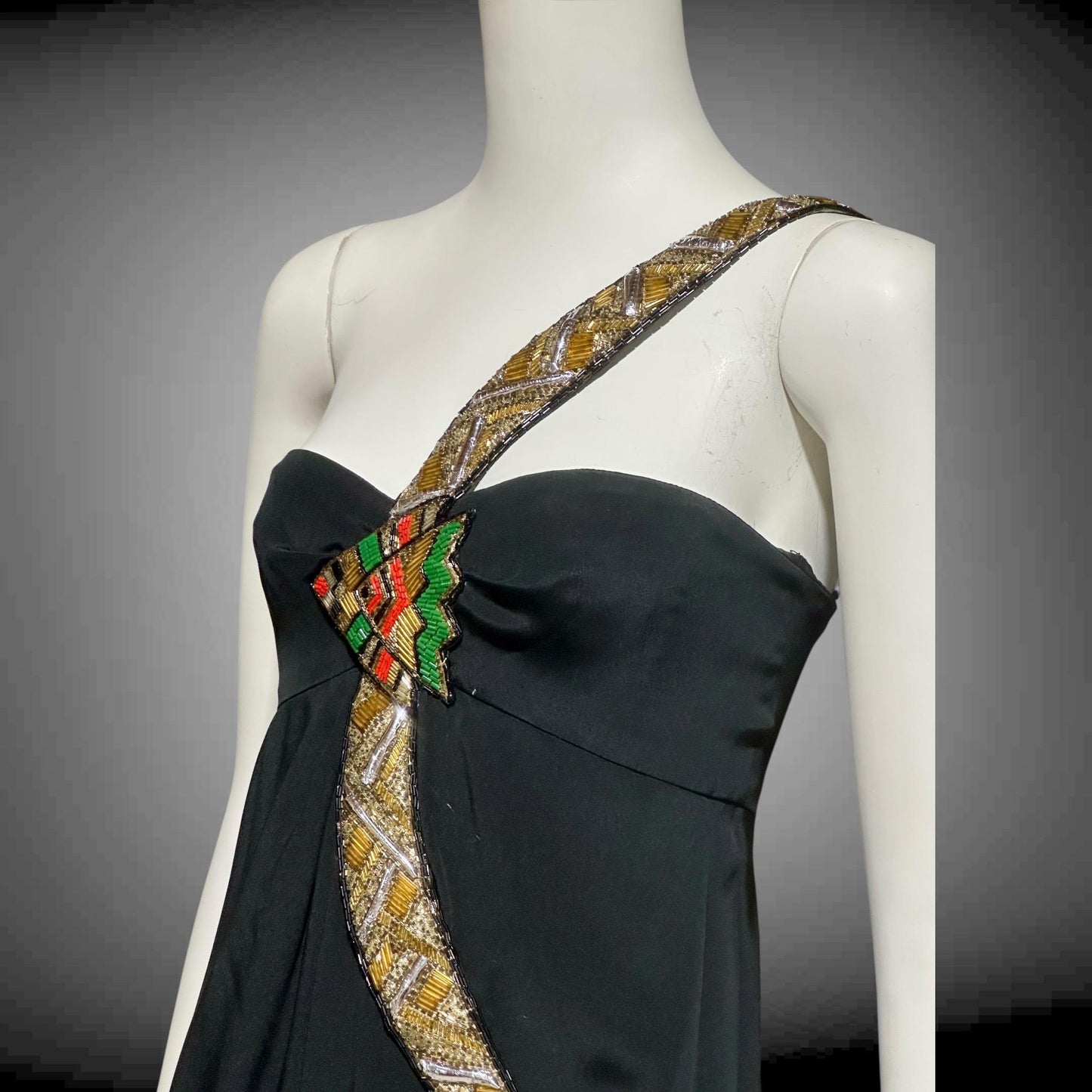 BERNARD PERRIS vintage 1980s beaded gown, black silk one shoulder sheath column evening gown, Made in France