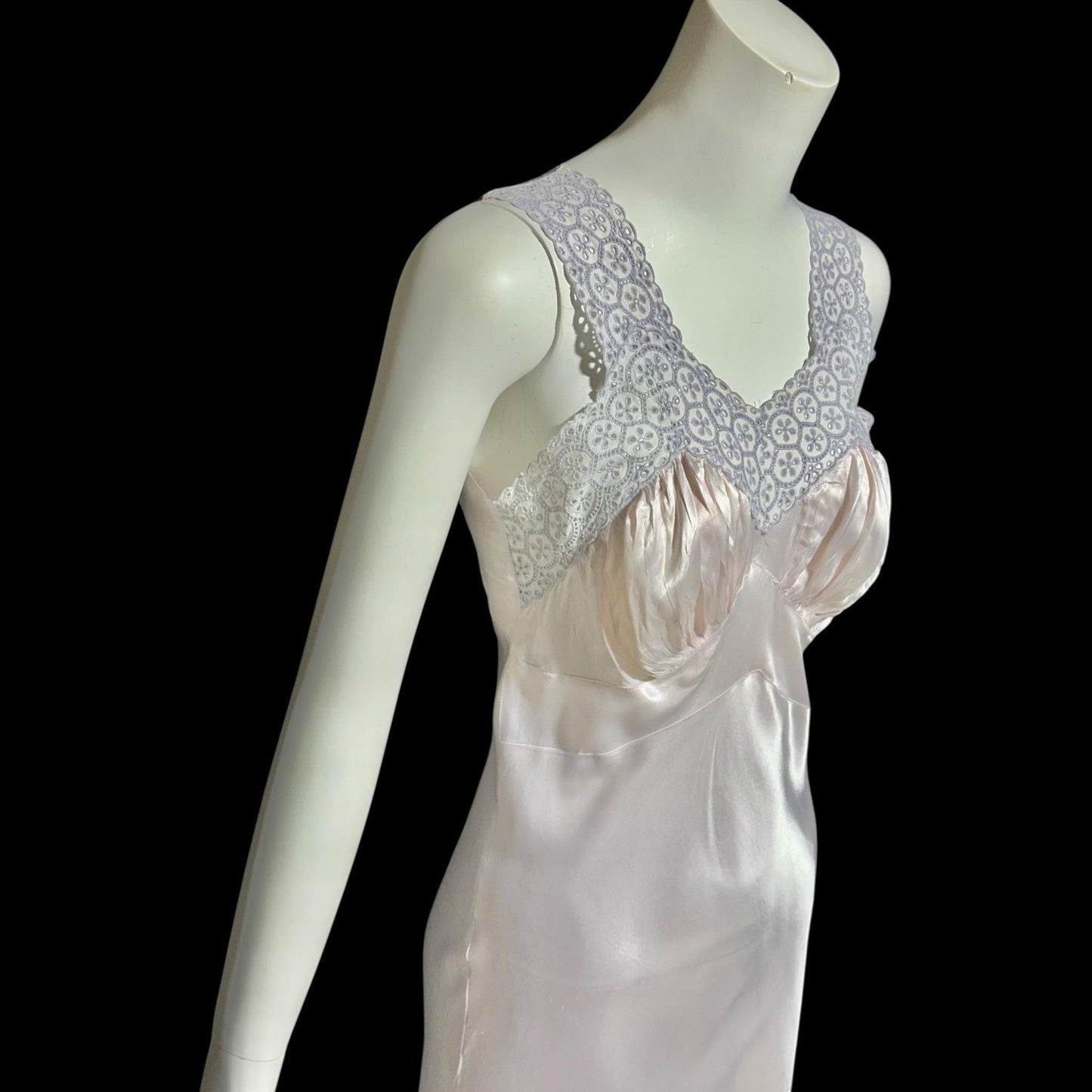 1940s vintage Nightgown slip dress, Shiny bias cut lavender night dress, full length with blue eyelet lace
