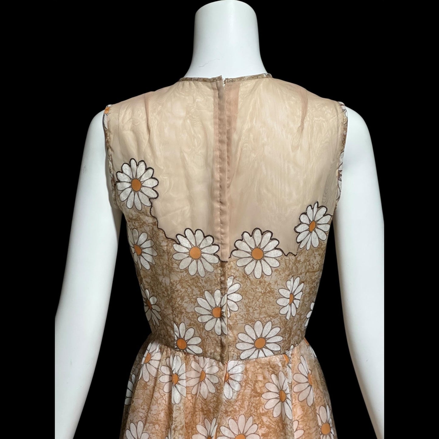LILLI DIAMOND vintage 1960s evening dress gown, Daisy floral voile maxi dress, illusion neckline