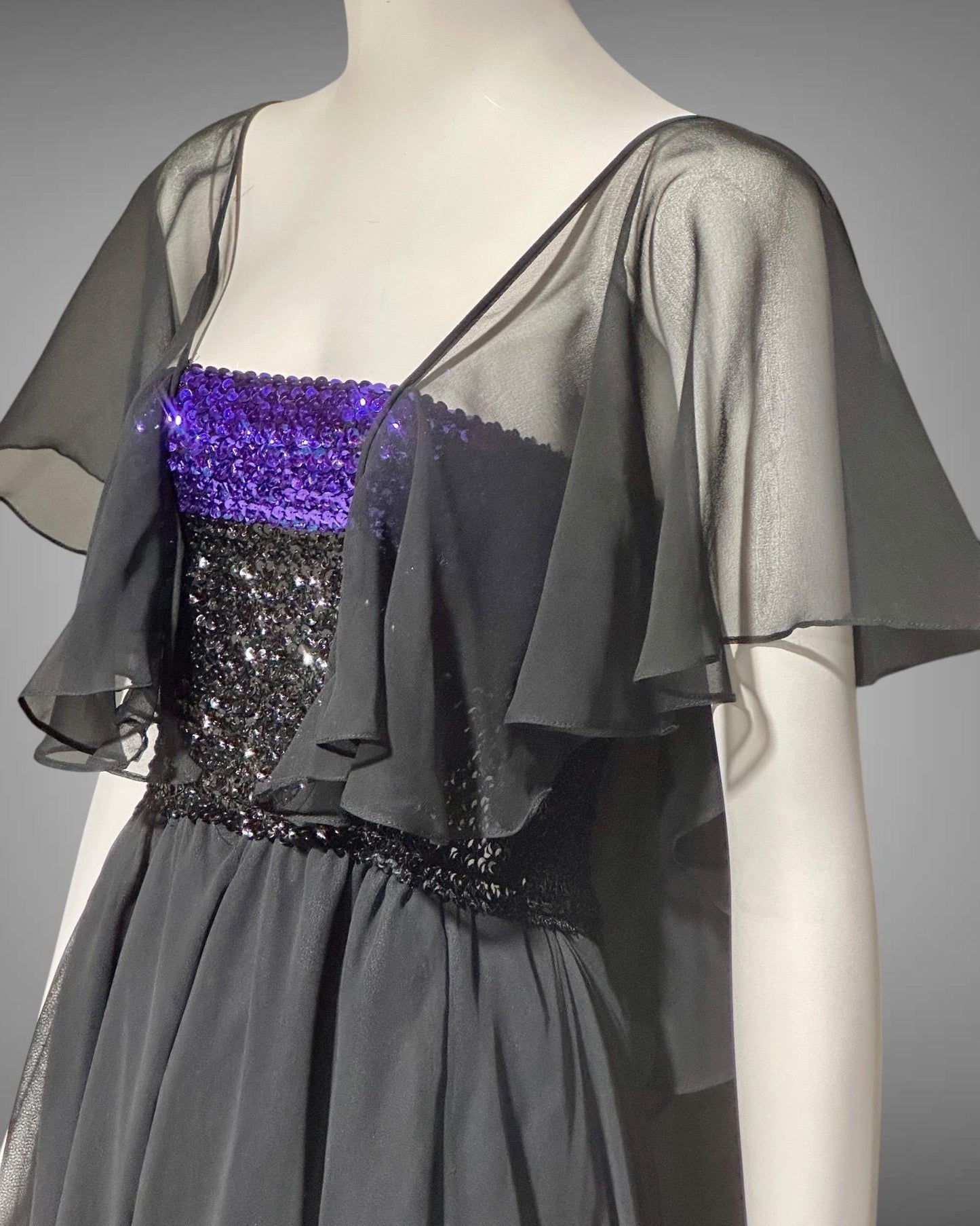 JEAN VARON, Made in England, vintage 1970s sequin and chiffon scarf evening dress