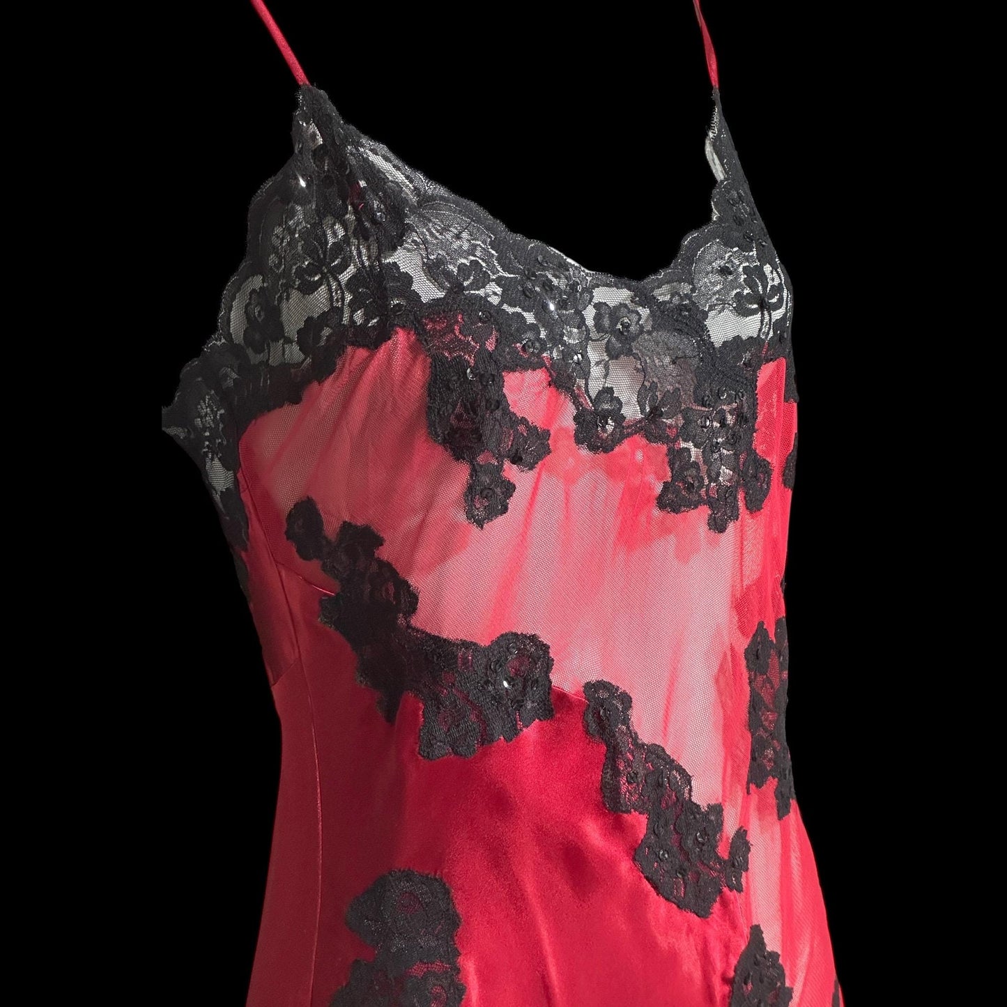 FREDERICK'S Attributed, vintage 1980s Slip Dress, Red and black satin and sheer mesh, lace and sequins, sheath night dress