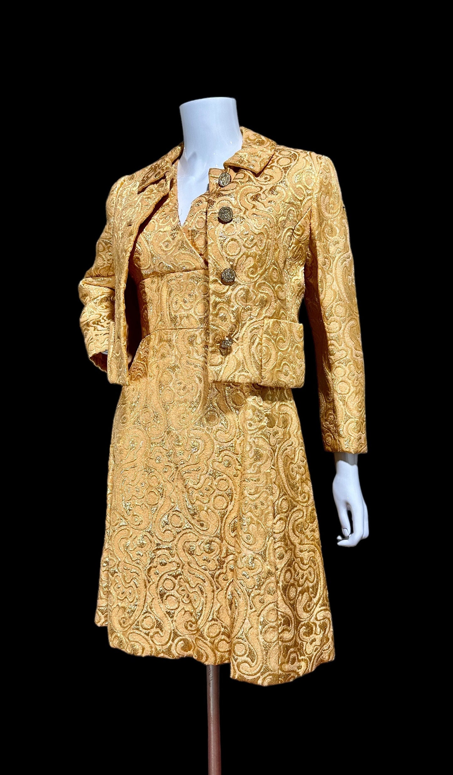 MALCOLM STARR Vintage dress jacket set, 1960s Apricot shiny gold brocade cocktail evening suit ensemble, dress and matching jacket