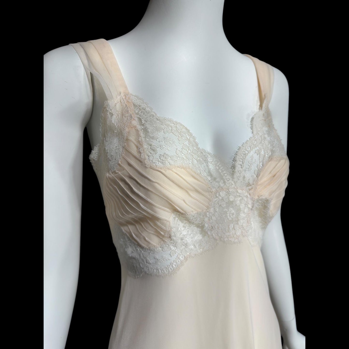 ROGERS vintage 1950s nightgown slip dress, ethereal soft peach chiffon and lace pin tucks, full length