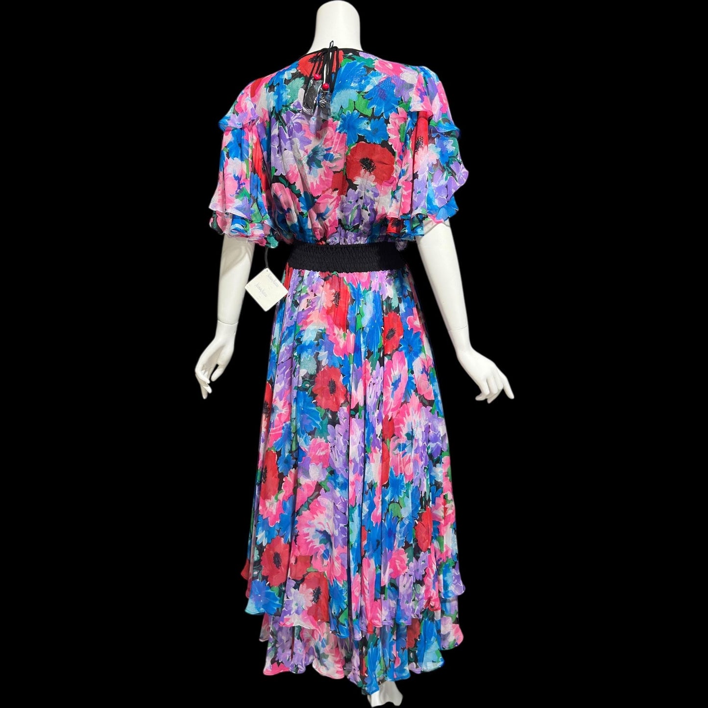 DIANE FREIS vintage 1980s silk dress, Neiman Marcus floral gypsy dress, flutter sleeves high low ruffle cocktail dress