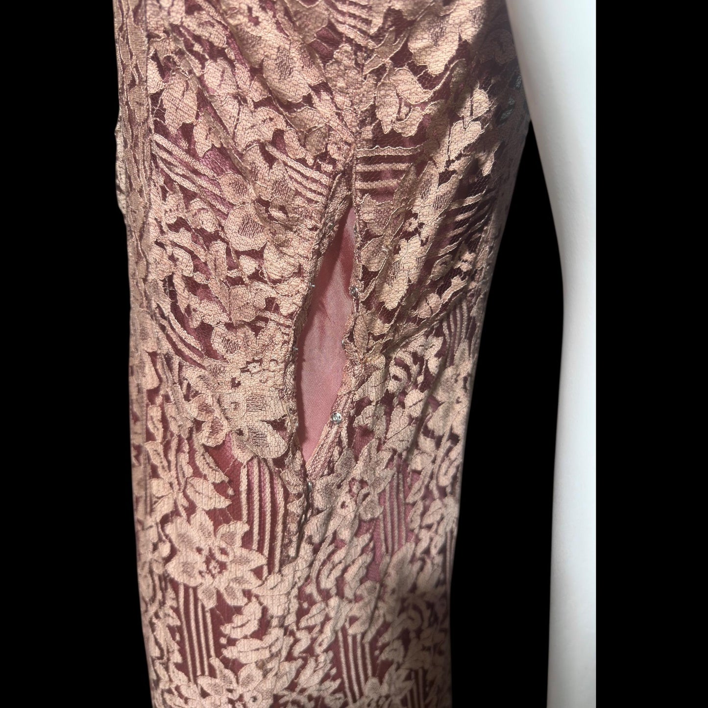1930s vintage evening dress, Dusty pink lace sheath gown, fully lined