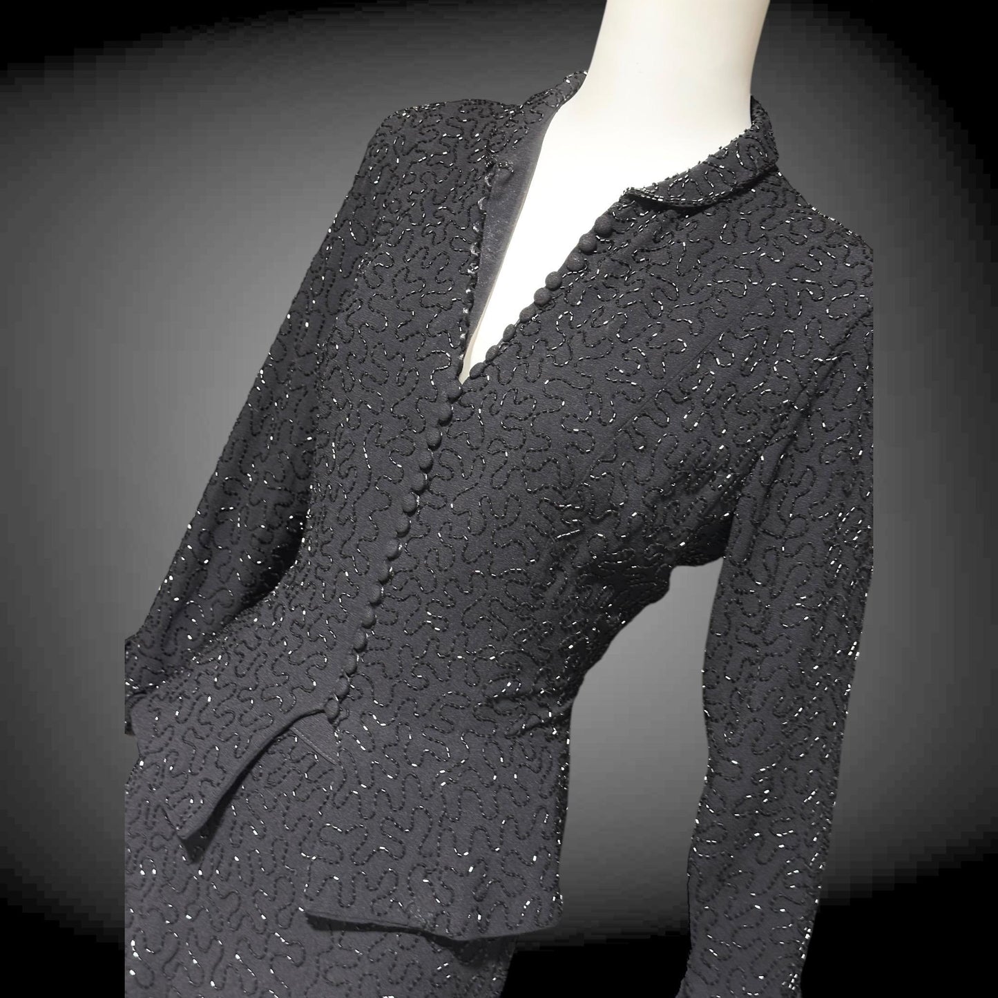 CEIL CHAPMAN vintage 1940s Beaded Evening Suit, Black crepe Cocktail Skirt and Jacket set