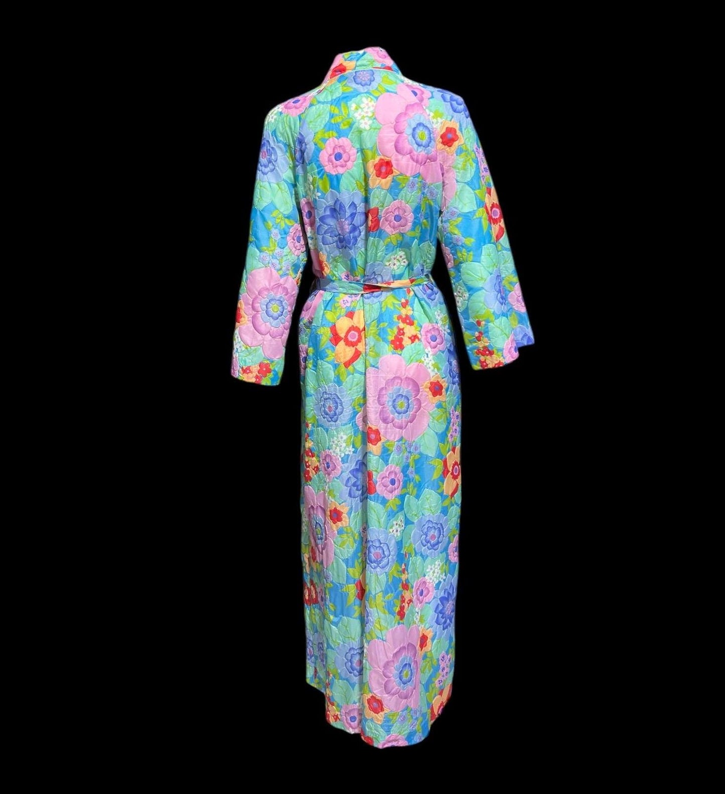 STELLA FAGIN, vintage 1960s Robe, Long Airy Blue and Pink Embossed Flower Wrap Front dressing gown