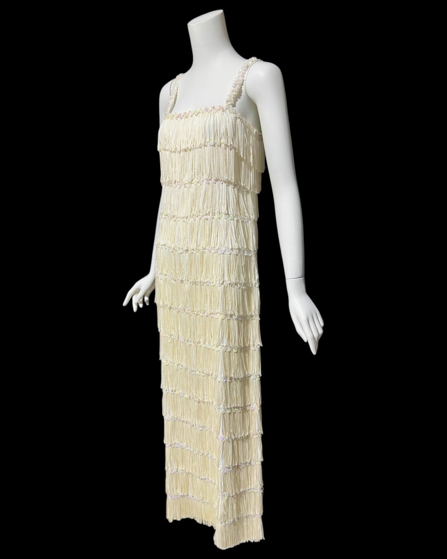 1960s vintage white fringed evening dress gown, column dress with sequins