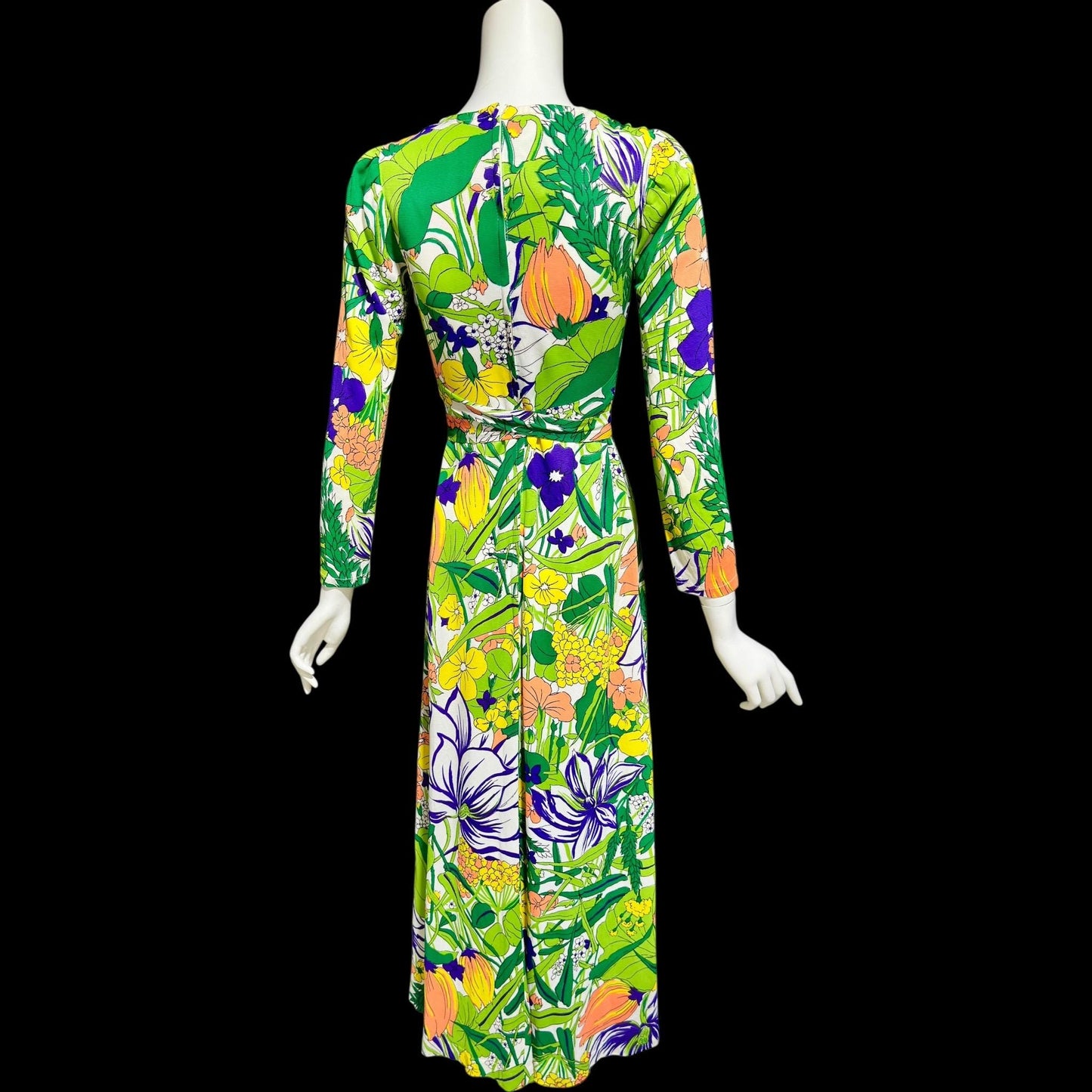 THE COMPANY, vintage 1970s maxi dress, slinky psychedelic floral print dress, long sleeve op art garden party day dress