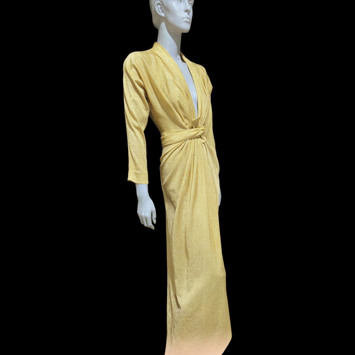 MARSHALL FIELD's DORIAN, 1970s vintage evening dress, Metallic gold lurex knit goddess gown, Studio 54 disco party dress, very Halston