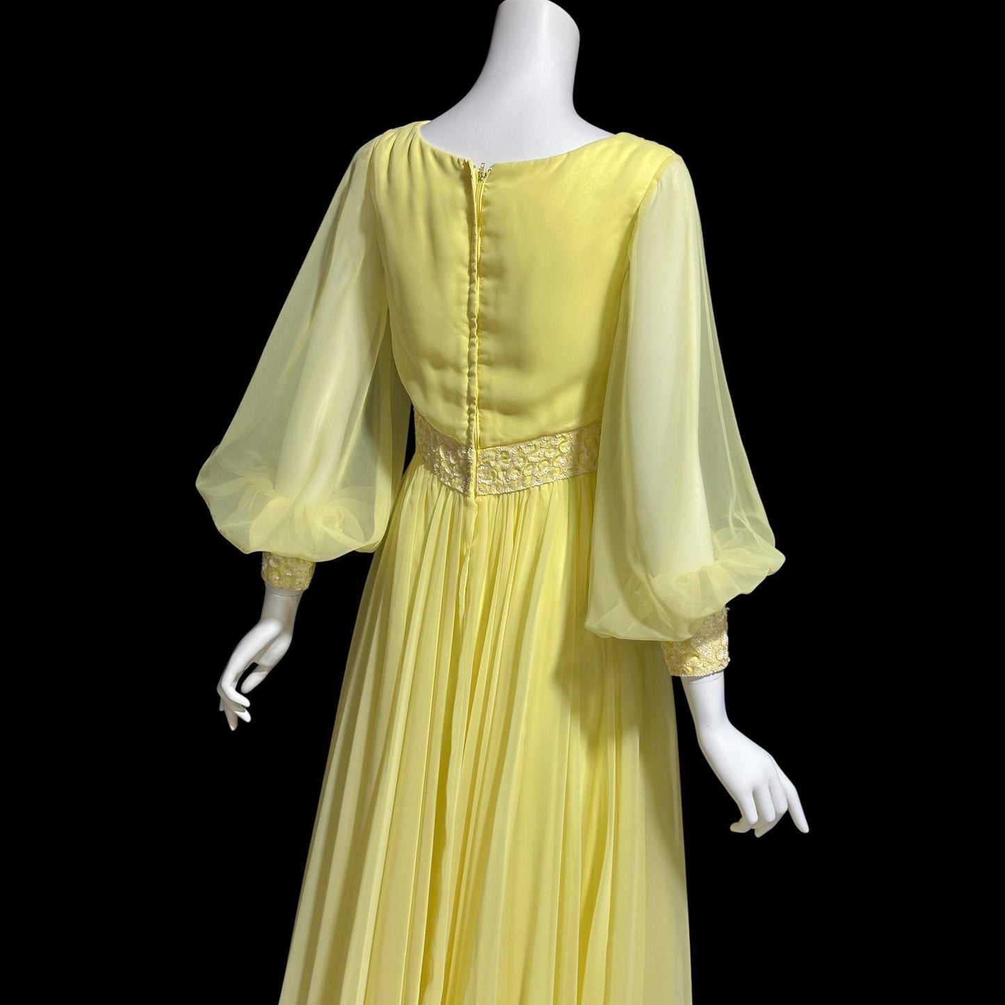 MIKE BENET, vintage 1970s evening dress, Lemon Yellow chiffon sequin formal ball gown