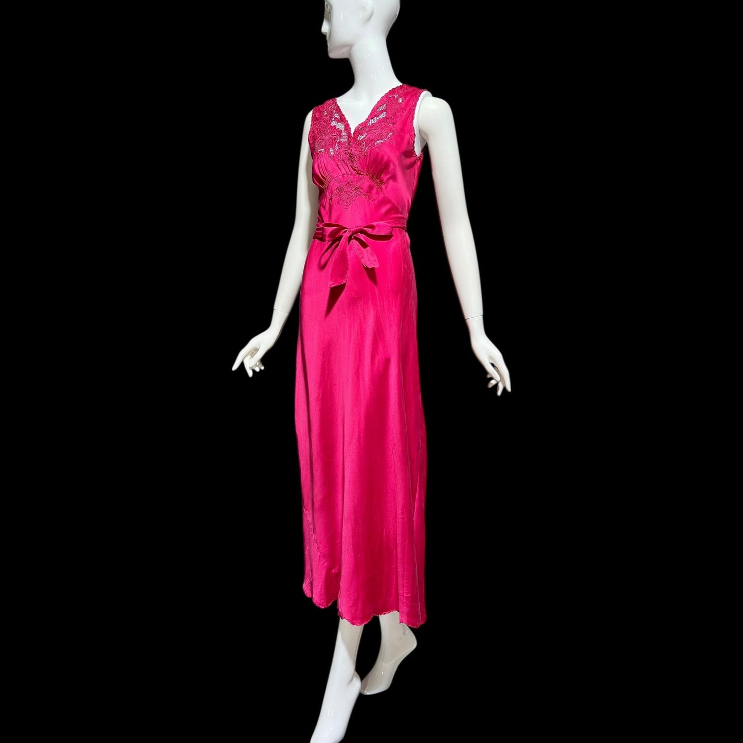 PEONY vintage 1950s Silk Nightgown Slip Dress: Made in SHANGHAI Embroidered Magenta bias cut gown