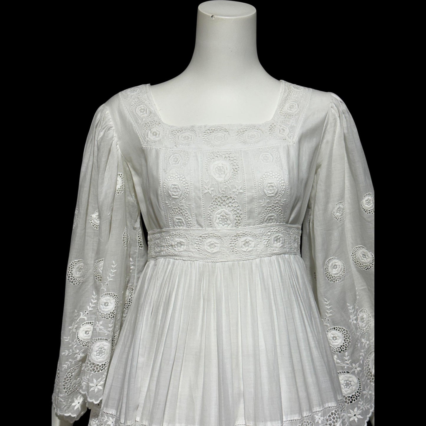 1970s Mexican Wedding dress, White batiste cotton embroidered empire ball gown