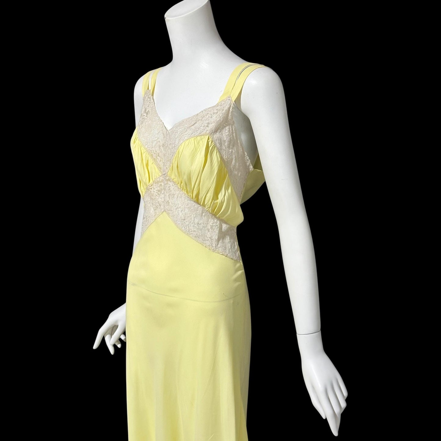 1930s vintage Nightgown slip dress, Sunshine Yellow bias cut lacy night dress, full length