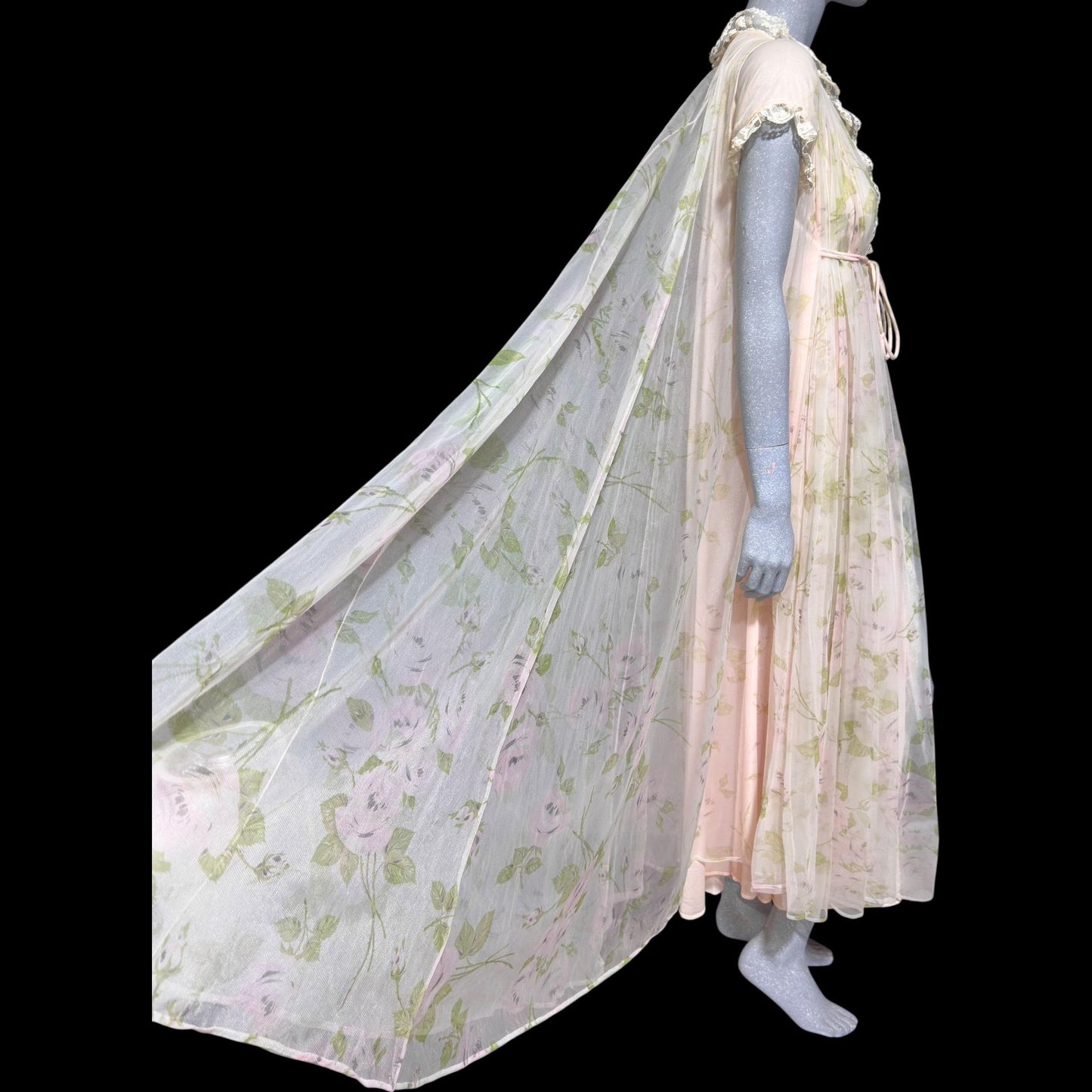 LUCIE ANN Claire Sandra, vintage 1960s Pink floral full sweep peignoir nightgown, grecian wrap pom pom dress, waterfall back robe