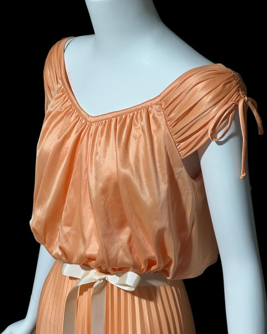 1970s vintage evening dress, peach blouson pleated jersey knit goddess gown