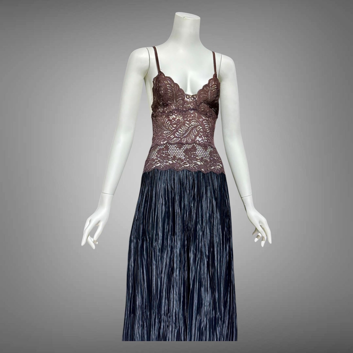 FERNANDO SANCHEZ, vintage 1970s Nightgown, Black and Chocolate lace plisse gown