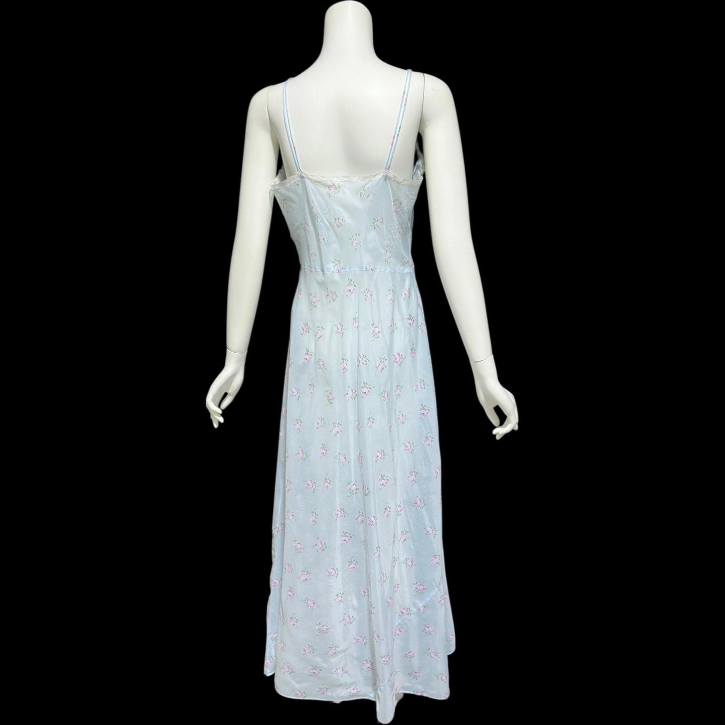 ALBERTA vintage 1940s nightgown slip dress, Sheer dusty blue with with pink rosebuds, Old Hollywood full length gown