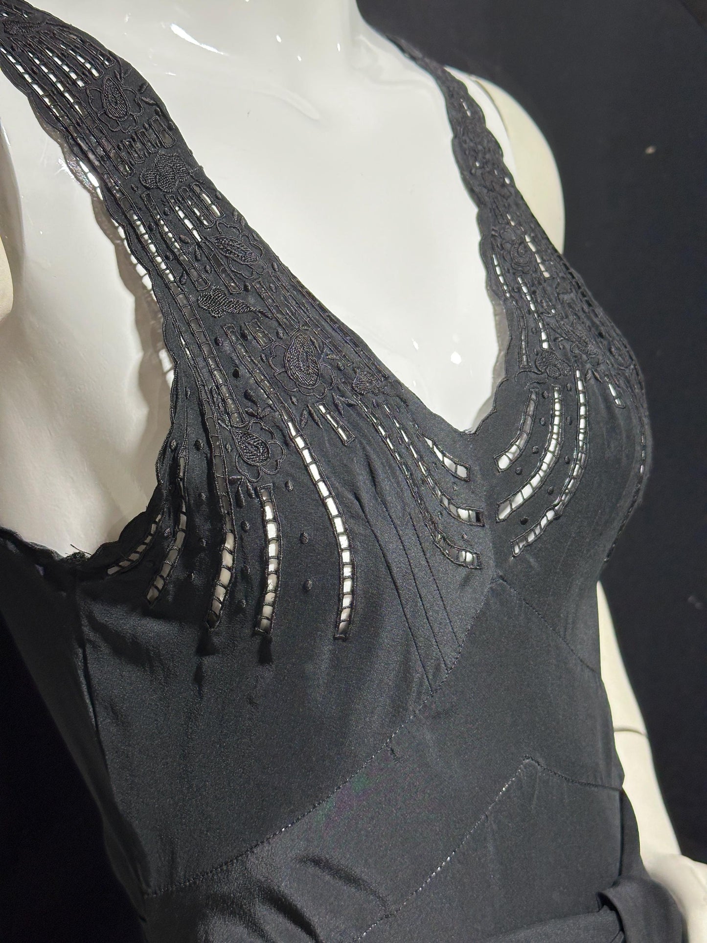 PEONY, vintage 1950s Silk Nightgown slip dress, inky black bias cut hand embroidered gown