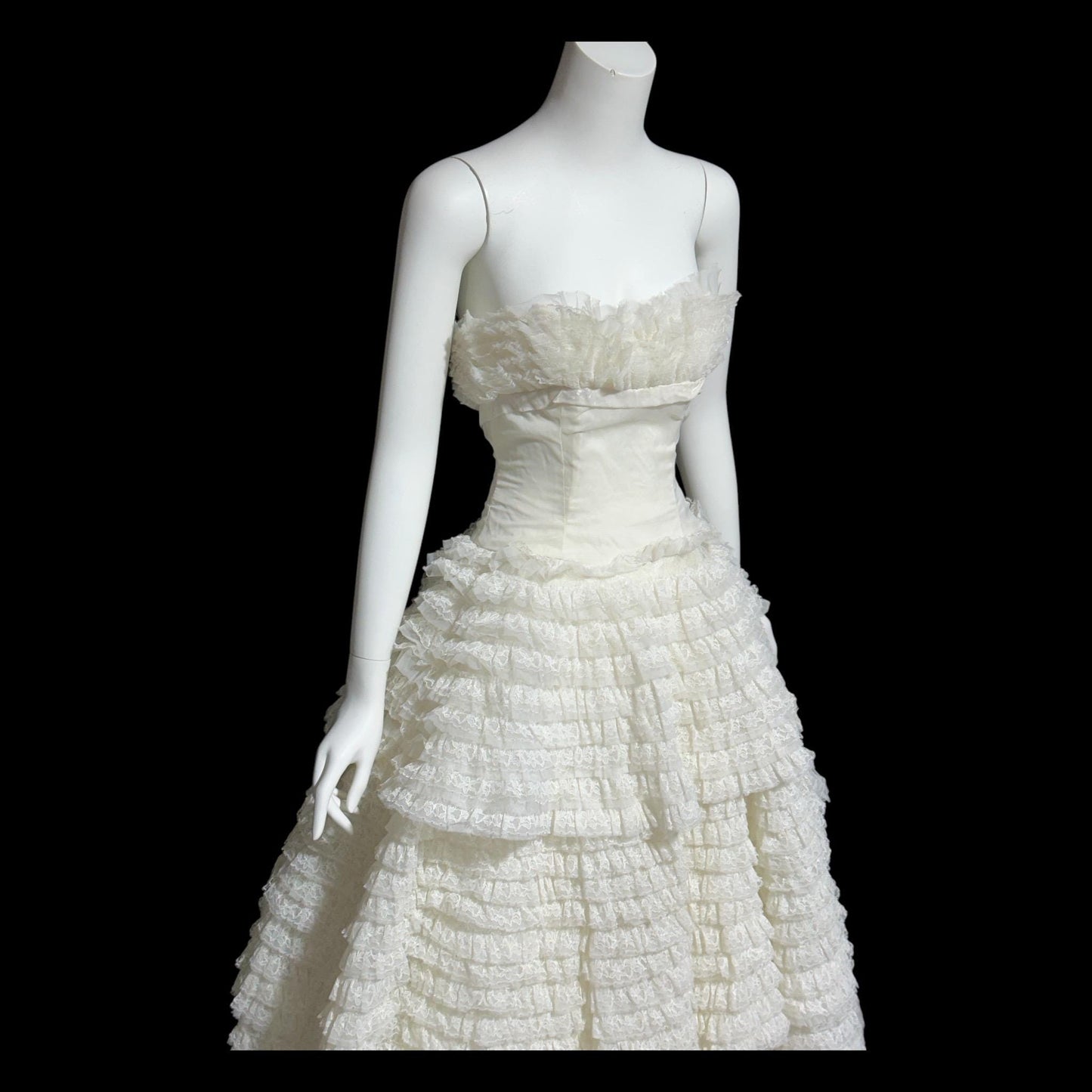 1950s vintage wedding gown, Custom Made white tiered lace cupcake dress ball gown