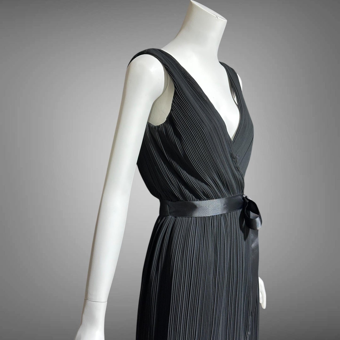 MARSHALL ROUSSO Las Vegas, vintage 1970s evening dress, black pleated plisse wrap front grecian goddess gown