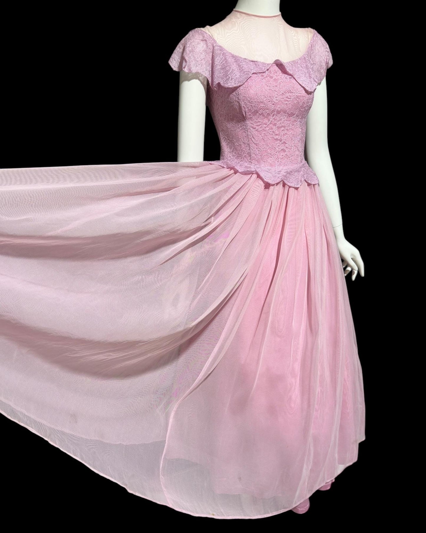 1940s vintage evening gown dress, Orchid purple mesh cupcake prom dress, illusion top with ruffle, peplum circle skirt