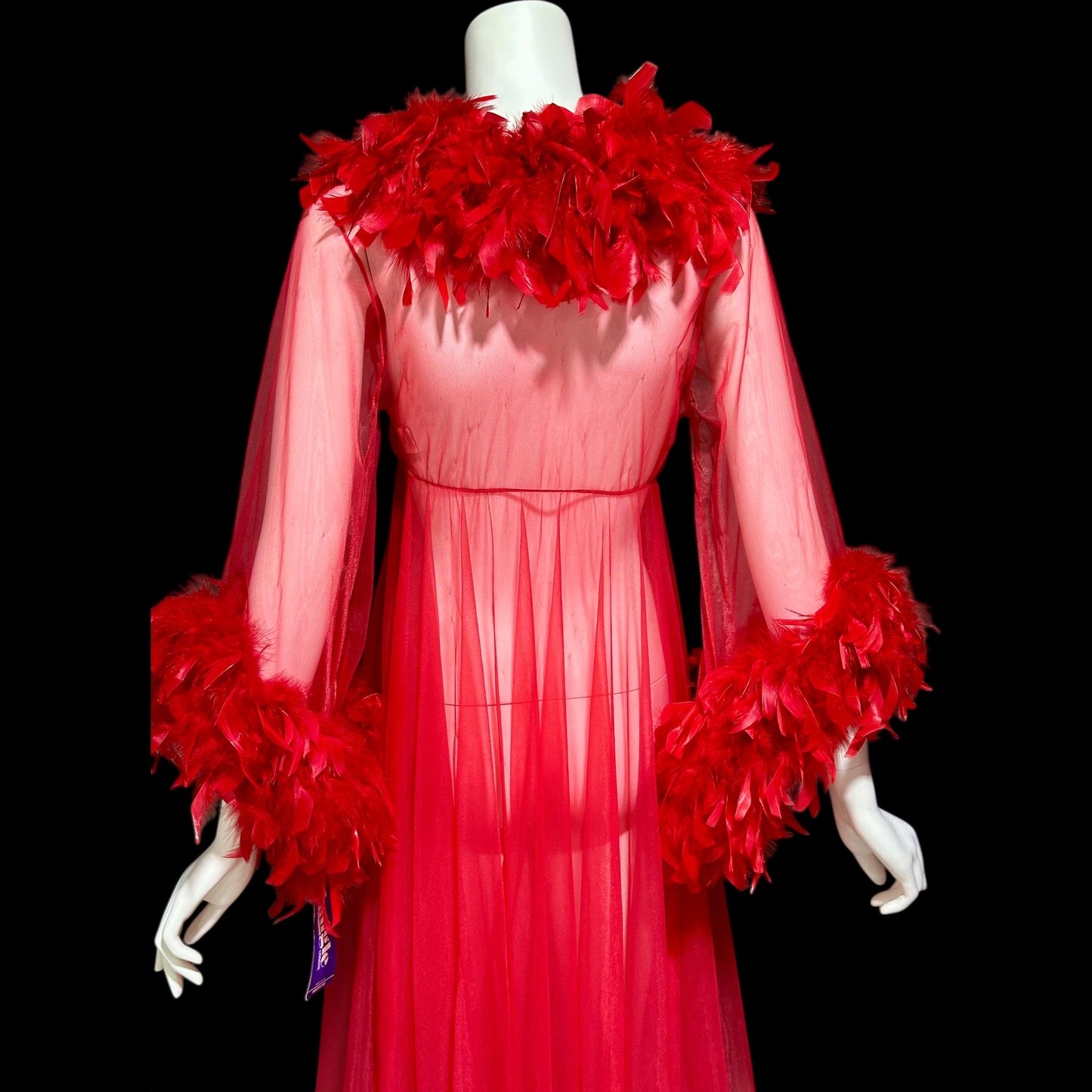 TRIANGLE vintage 1970s dressing gown, sheer bold red chiffon housecoat with feather trim, peignoir house coat