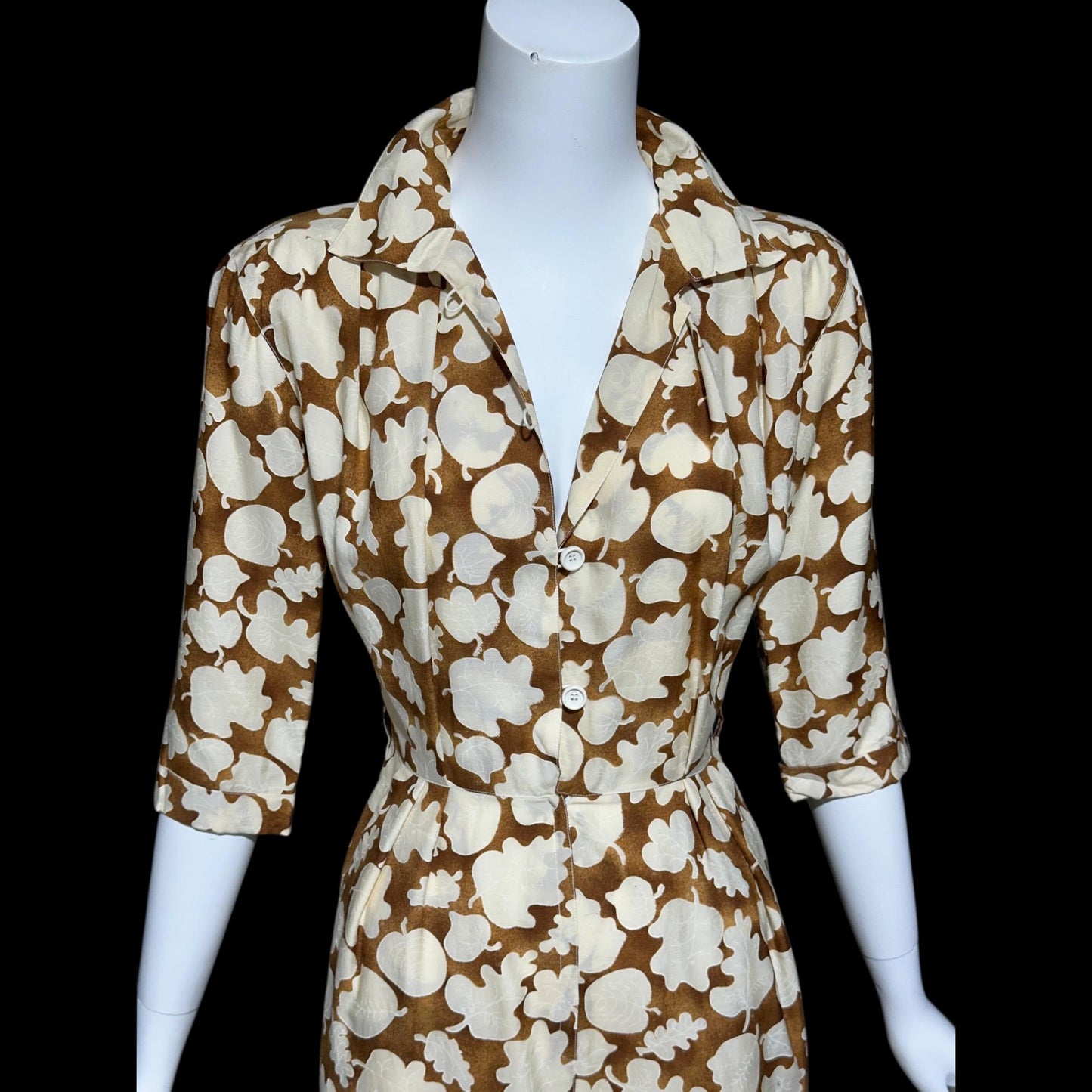 COURREGES vintage 1970s shirtdress, silk blend, nutmeg and cream button front wear to work dress