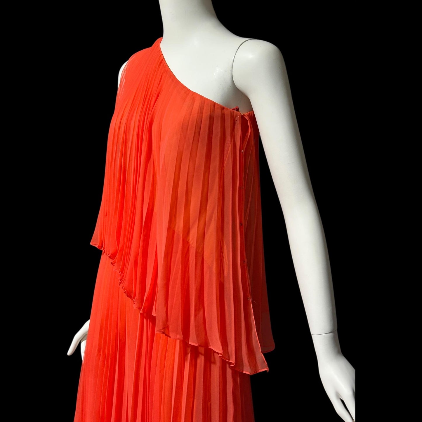 ESTEVEZ Vintage 1970s evening dress gown, Orange One Shoulder Pleated Chiffon full length gown