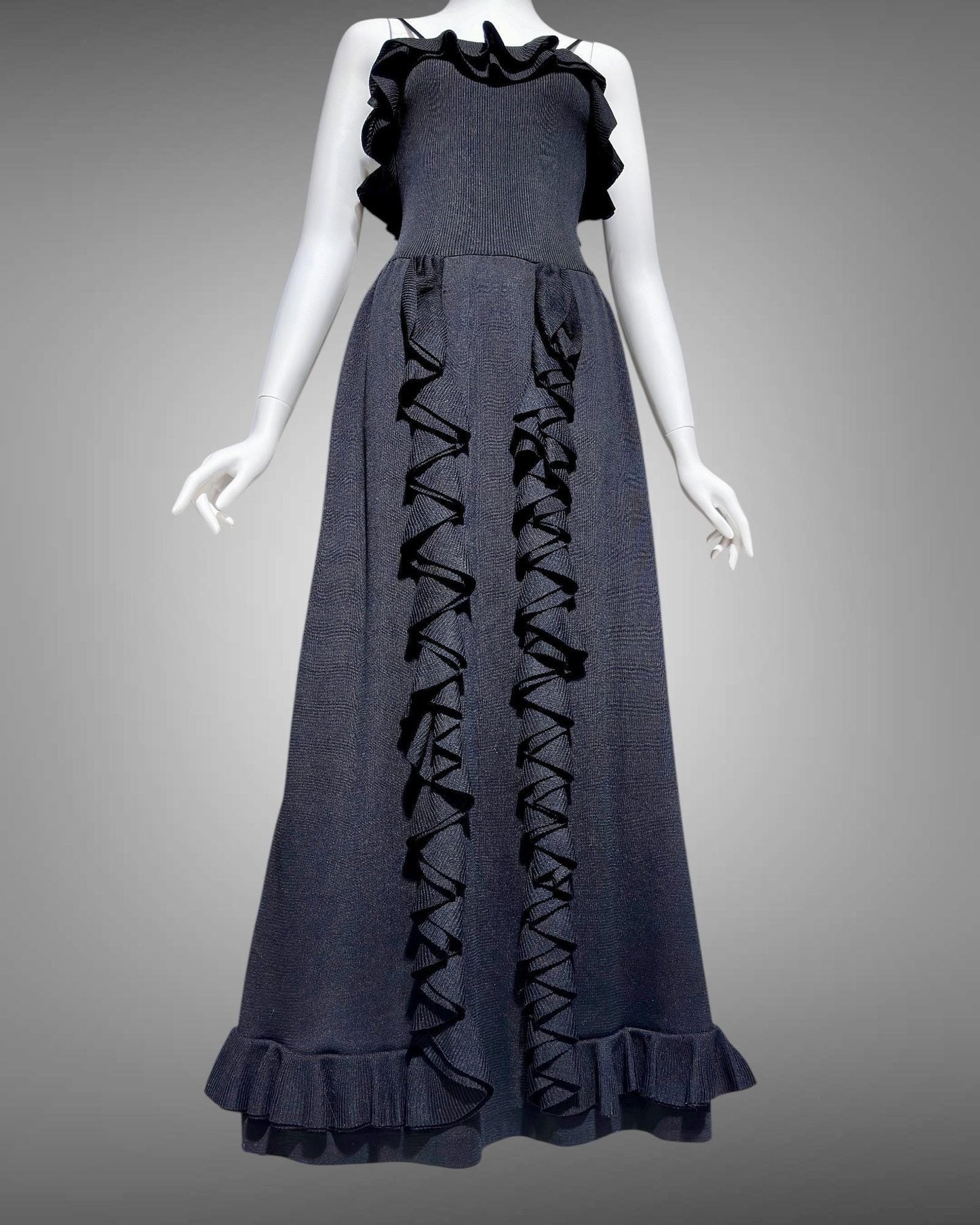 CRISSA 1970s vintage black knit ruffled slip dress, long maxi evening dress