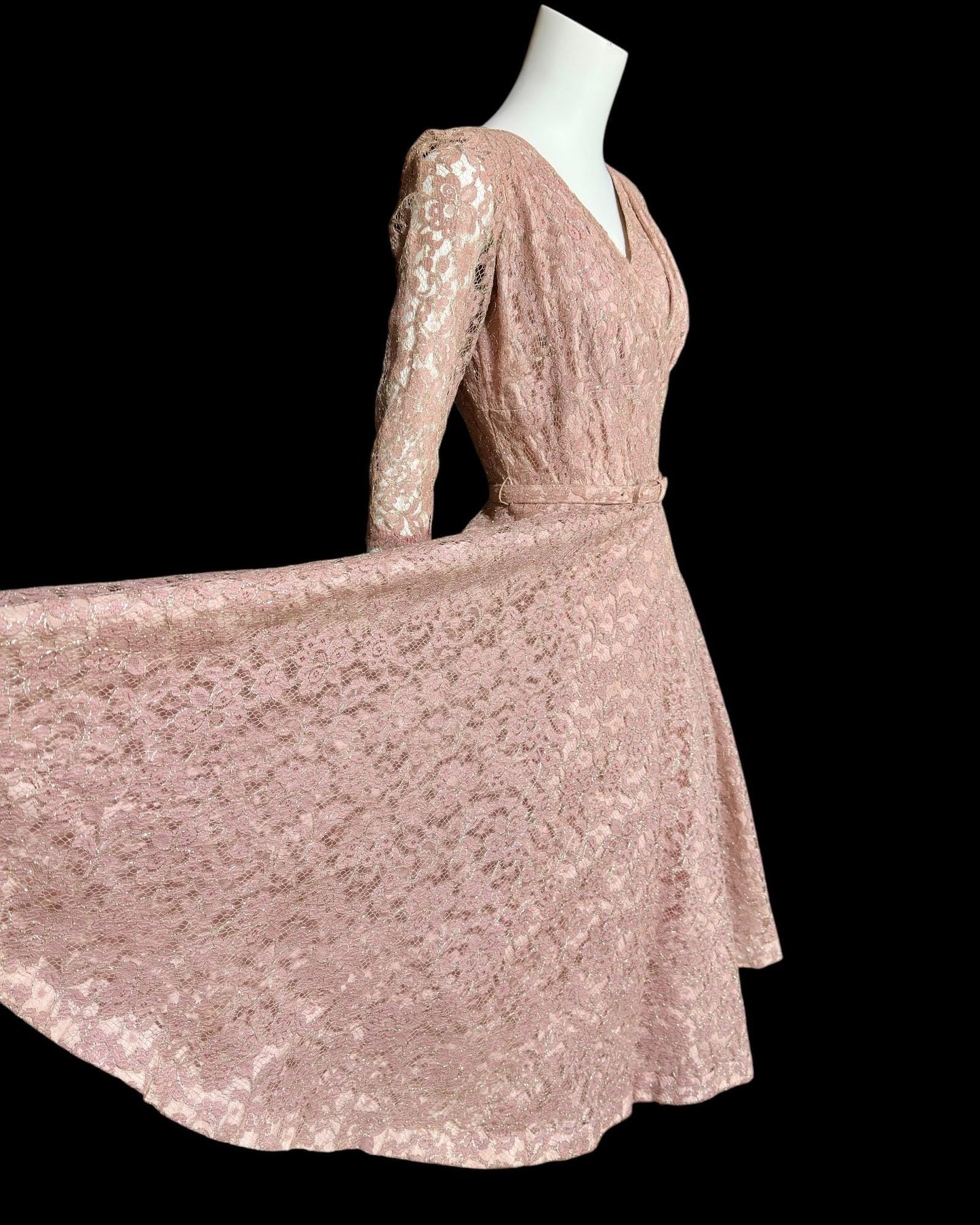 ANN KAUFFMAN, vintage 1940s dress, Old Rose Pink lace w/ silver metallic, shelf bust fit and flare cocktail party evening dress