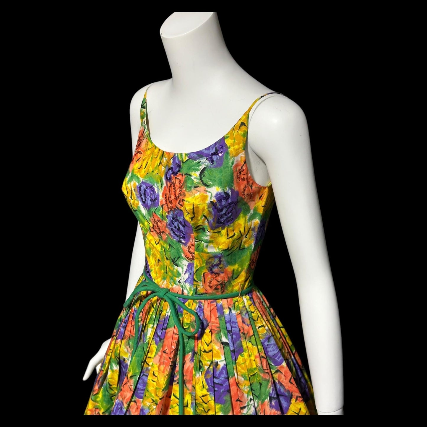 1950s vintage Dress, Floral Cotton Pinup Sundress, Pleated full skirt with sequins