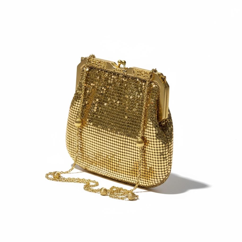 WHITING & DAVIS vintage 1960s mesh bag purse, gold mesh dance evening bag