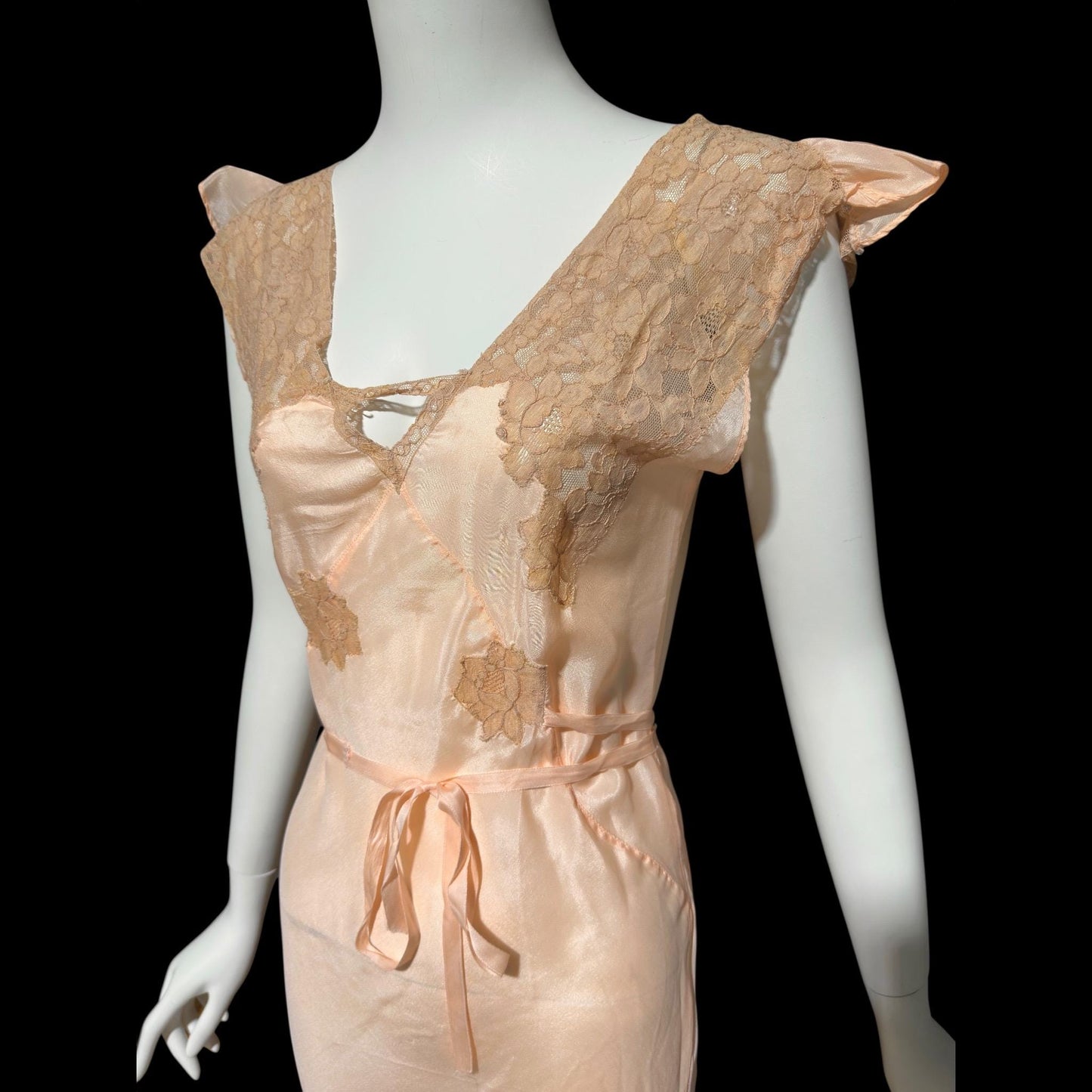 1930s Rayon Slip Dress: Vintage Bias Cut Shiny Peach Nightgown, Lace Trim