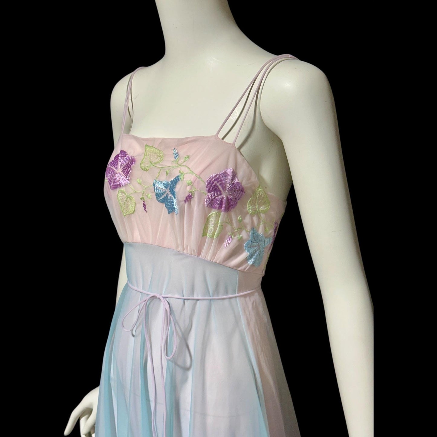 VANITY FAIR, vintage 1950s nightgown slip dress, pastel sorbet sheer chiffon embroidered goddess gown