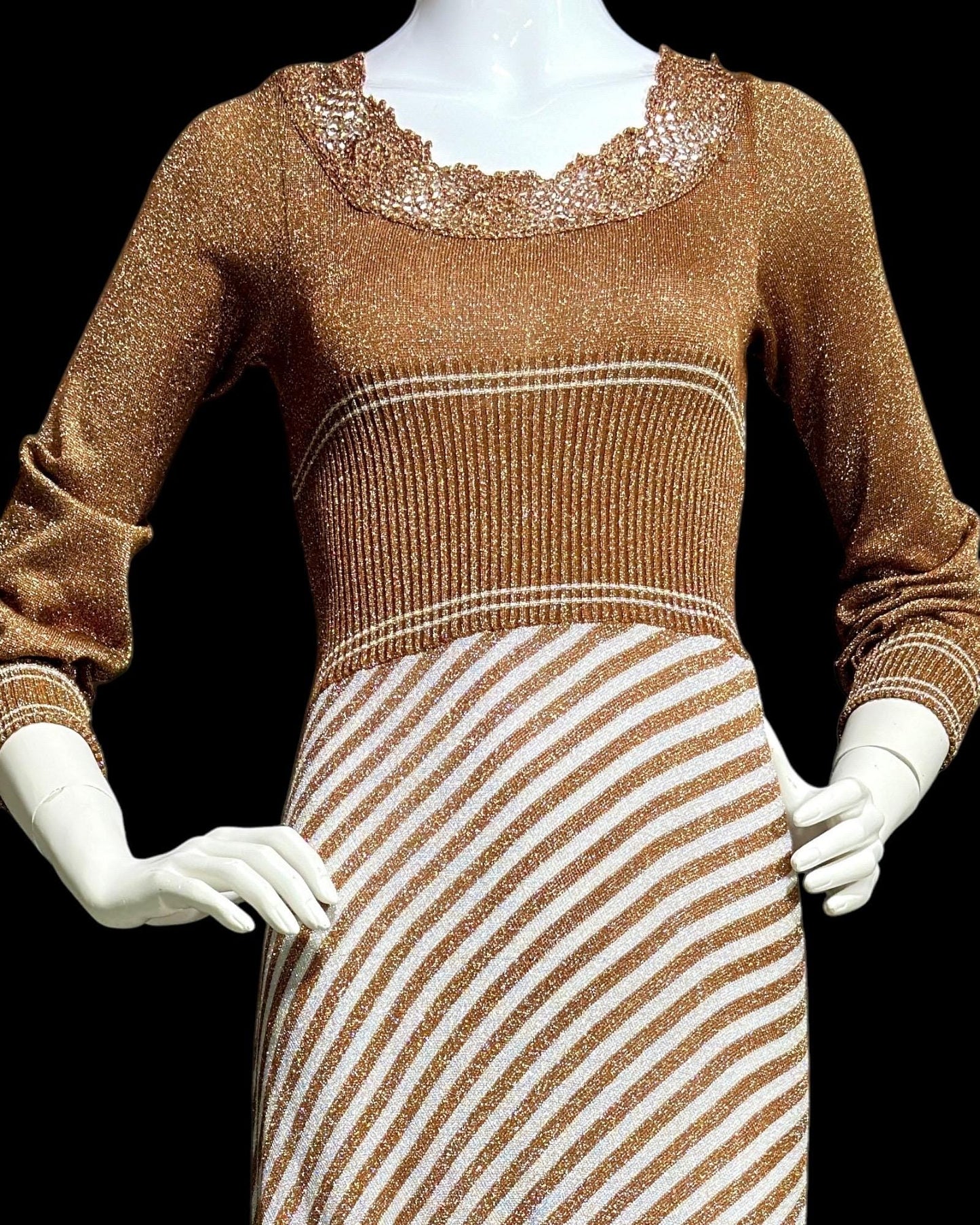 WENJILLI, vintage 1970s lurex maxi dress, Copper Metallic lurex Knit Maxi Dress Crochet Neckline