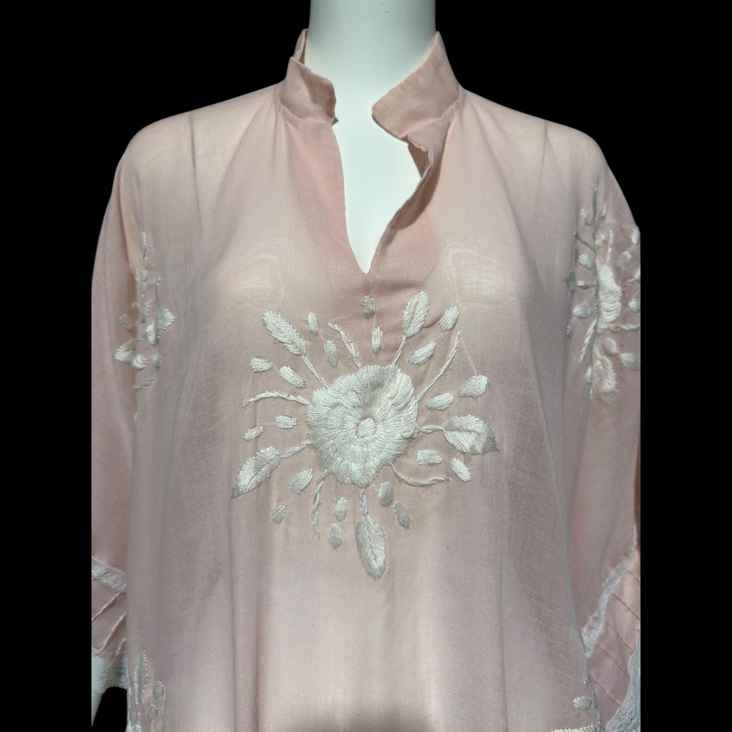 1970s Vintage sheer caftan dress, baby pink cotton poly blend with white embroidered flowers