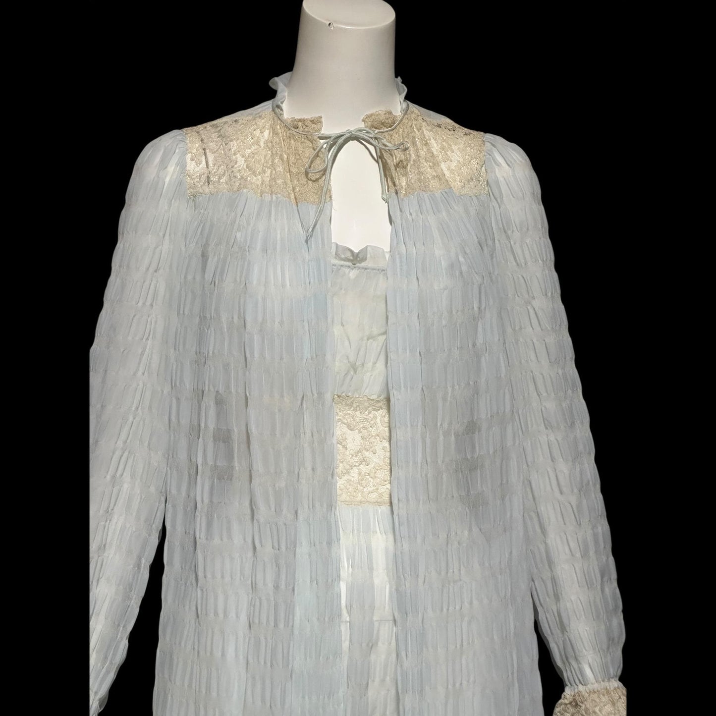 By IRIS, vintage 1930s Nightgown robe set, ethereal blue and white sheer waffled nylon slip dress and dressing gown, peignoir set