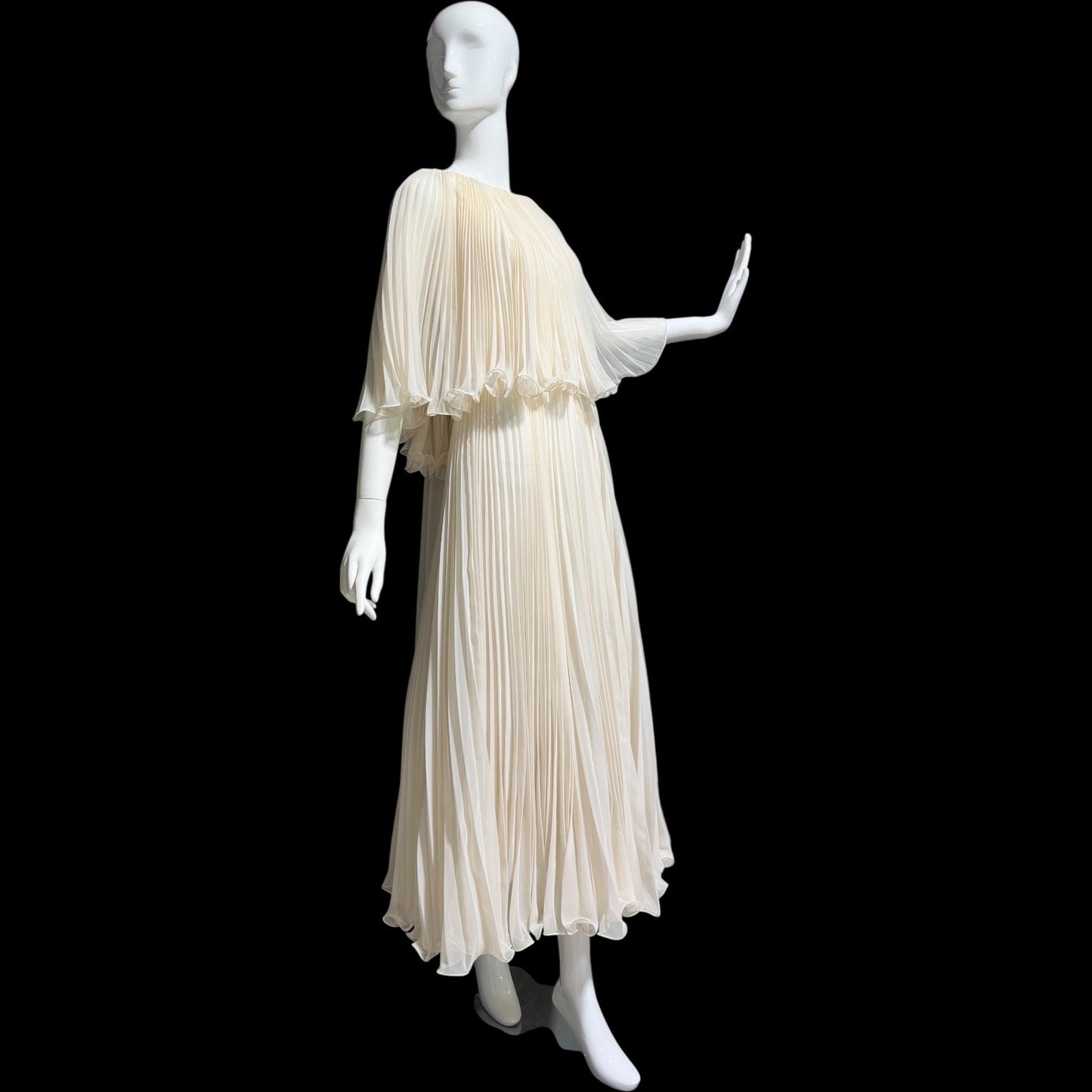 1960s vintage evening dress gown, almond white lace pleated dress, ruffled cape collar