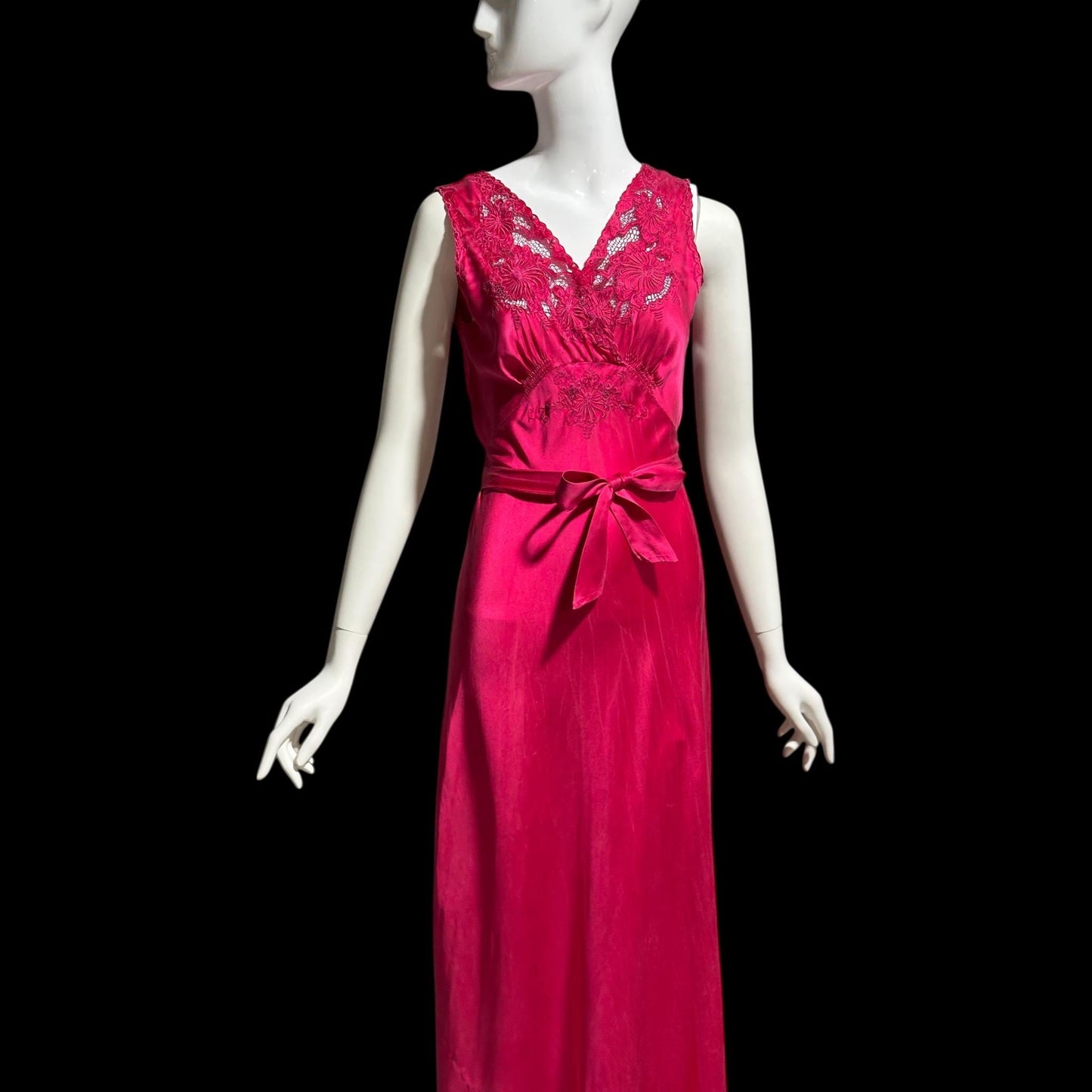 PEONY vintage 1950s Silk Nightgown Slip Dress: Made in SHANGHAI Embroidered Magenta bias cut gown