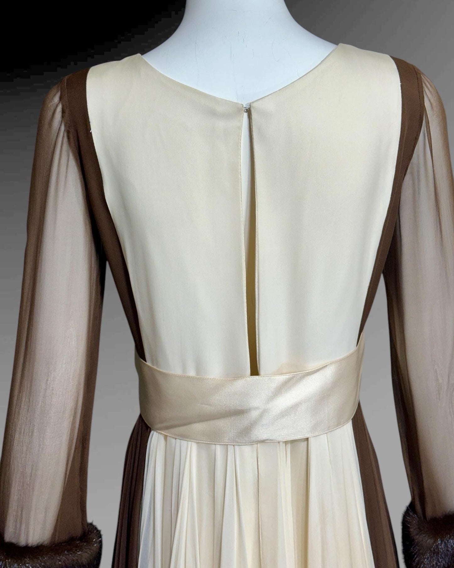 JEAN-LOUIS for I. Magnin, vintage 1950s evening gown, Brown Cream Chiffon cocktail party evening dress