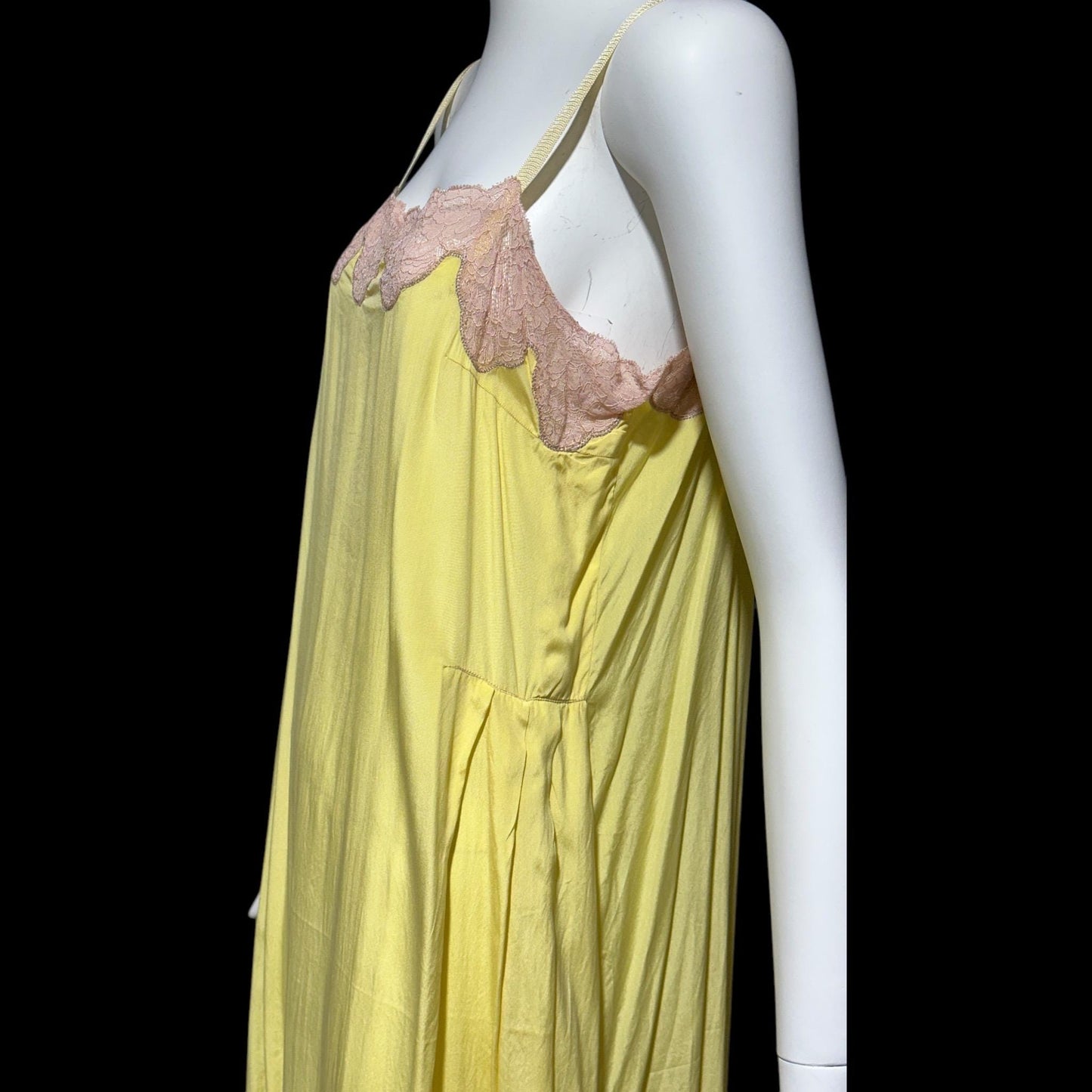 1920s vintage nightgown slip dress, canary yellow silk and pink lace shift dress